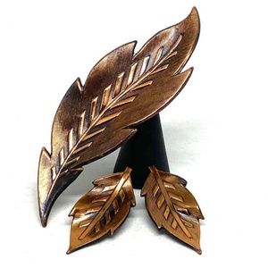 Copper Leaf Brooch & Clip Earring Set Mid Century